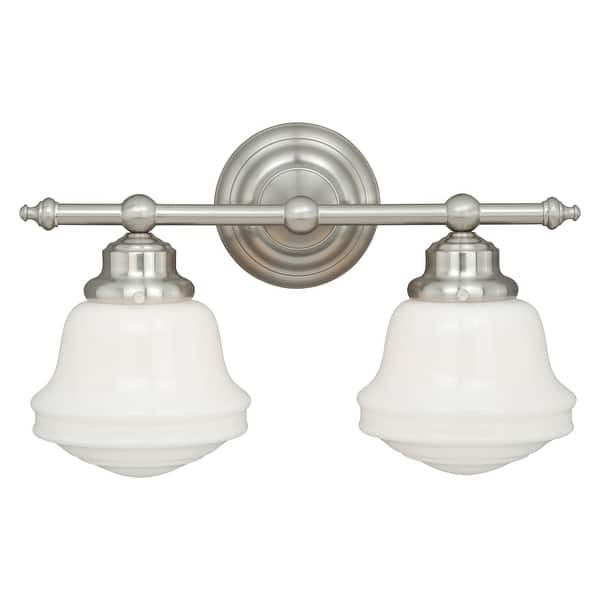 slide 2 of 8, Huntley 2-Light 16 in. W Satin Nickel Farmhouse Bathroom Vanity Lighting Fixture, White Schoolhouse Milk Glass Globe Shade 16-in W x 10-in H x 7-in D - Satin Nickel