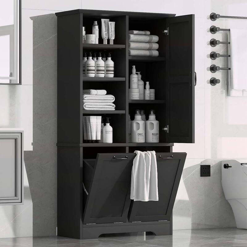 Stylish and Functional Bathroom Storage Cabinet with Doors,Drawers,Tilt-Out Laundry Hamper