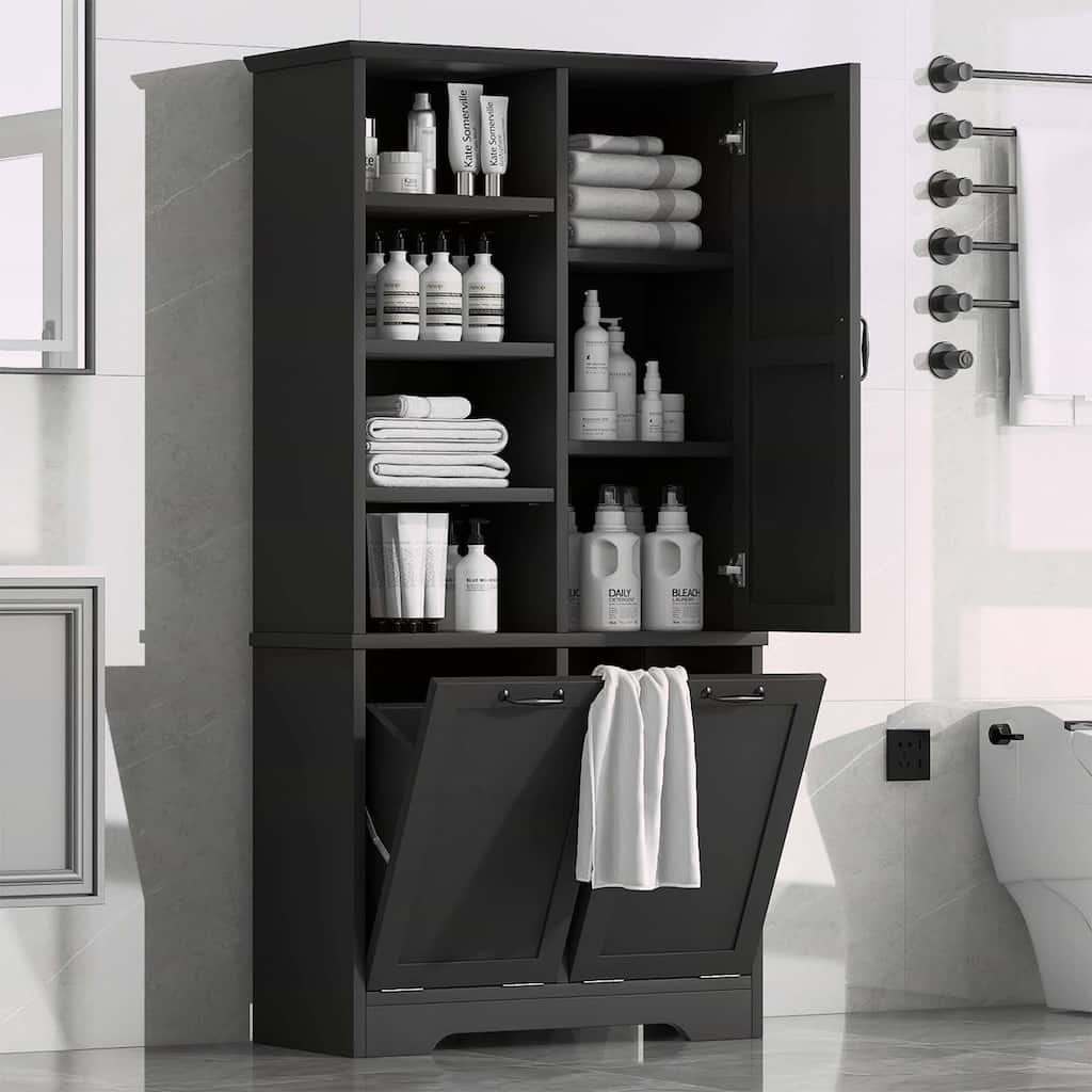 Stylish and Functional Bathroom Storage Cabinet with Doors,Drawers,Tilt-Out Laundry Hamper