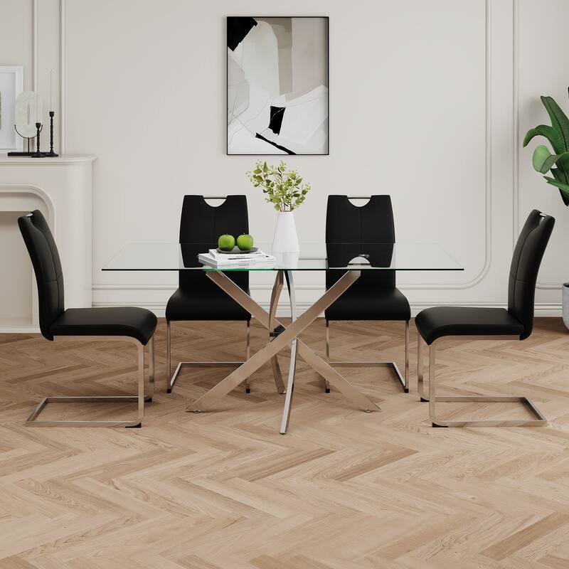 Modern Set of 2 Dining Chairs with Leather Cushioned Seat, Chrome Metal Legs, for Dining Room, Living Room, and Bedroom