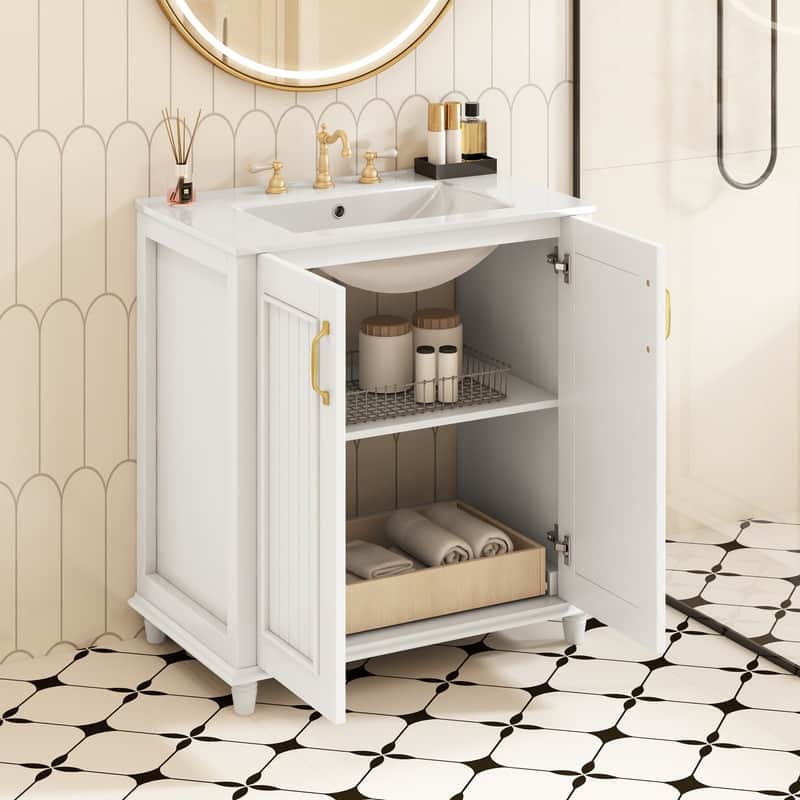 30 Inch Bathroom Vanity with Ceramic Sink, Hidden Drawer, Storage Cabinet