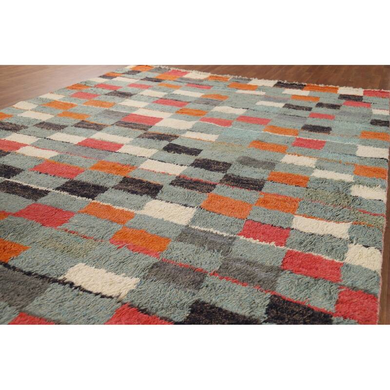 Checkered Moroccan Area Rug Hand-Knotted Wool Carpet - 8'0" x 10'11"