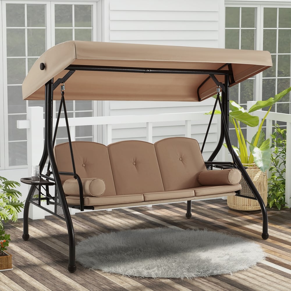 Outdoor Patio Swing Chair for 3 People, with Removable Cushion and Convertible Canopy