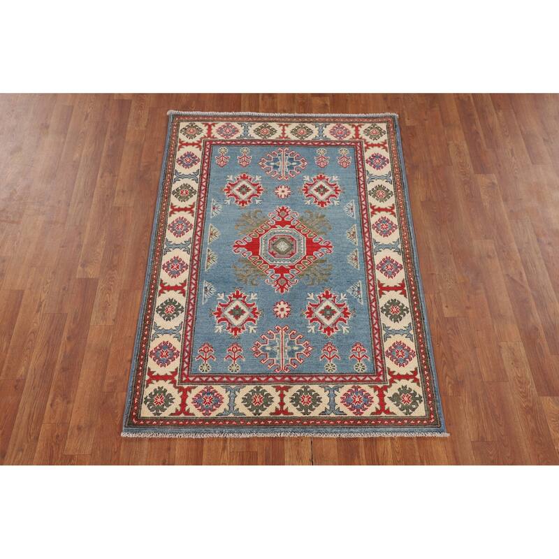 Blue Geometric Kazak Foyer Rug Hand-Knotted Oriental Wool Carpet - 3'4" x 4'11"