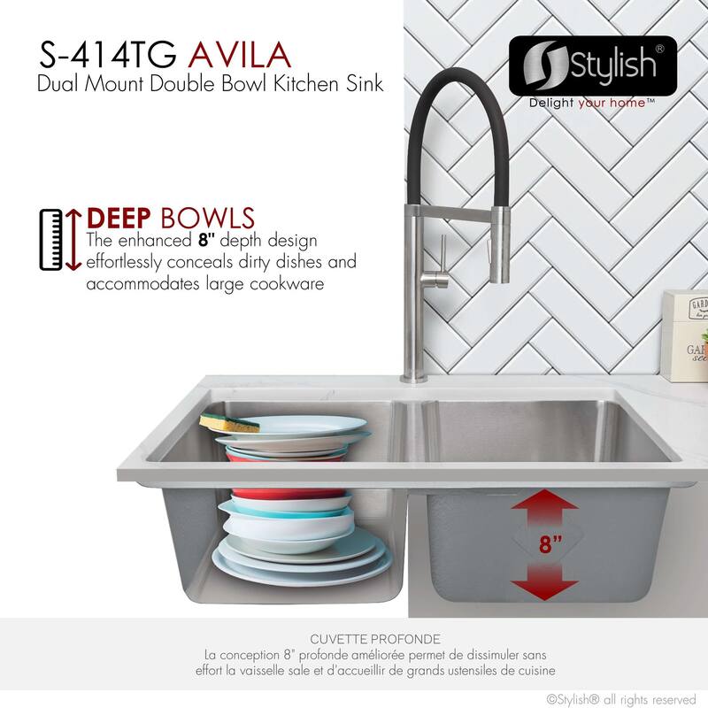 STYLISH 29 inch L x 18 inches W Double Bowl Undermount and Drop-in Stainless Steel Kitchen Sink - 29" x 18" x 8"