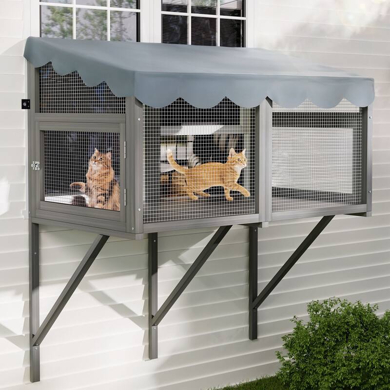 Secure Comfortable Wooden Window Box Enclosure for Cats - Gray