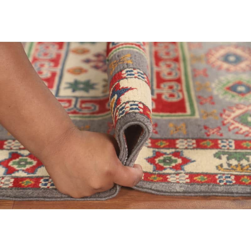Geometric Grey Kazak Foyer Rug Handmade Wool Carpet - 2'7" x 4'2"