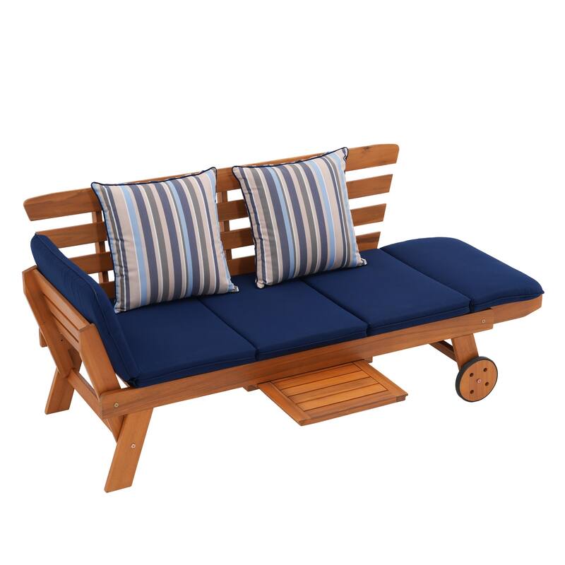 Outdoor Daybed Wooden Folding Lounge Chair with Front Tray and Wheels