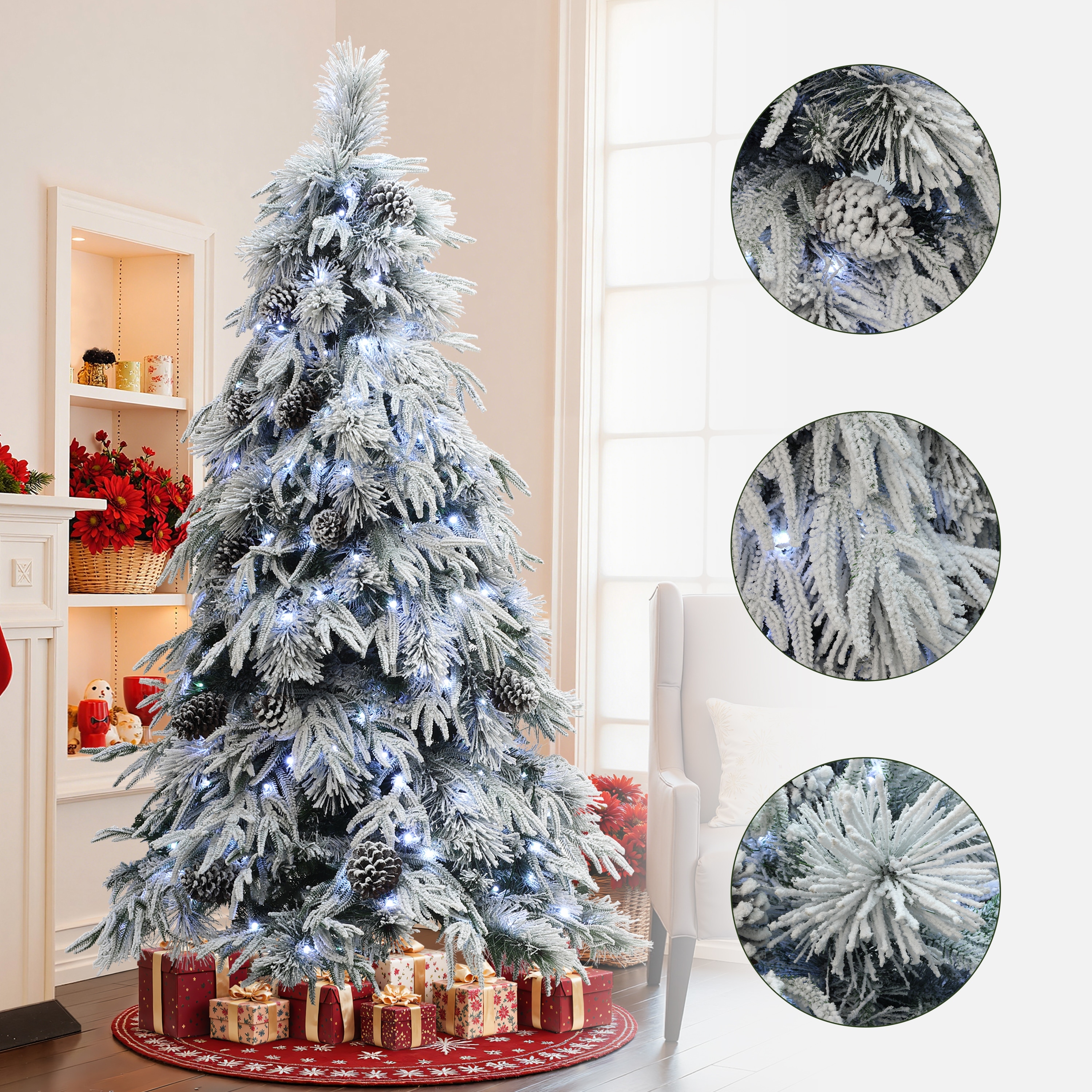 Pre-Lit Snowy Branches Artificial Christmas Tree with Pinecones & Stand