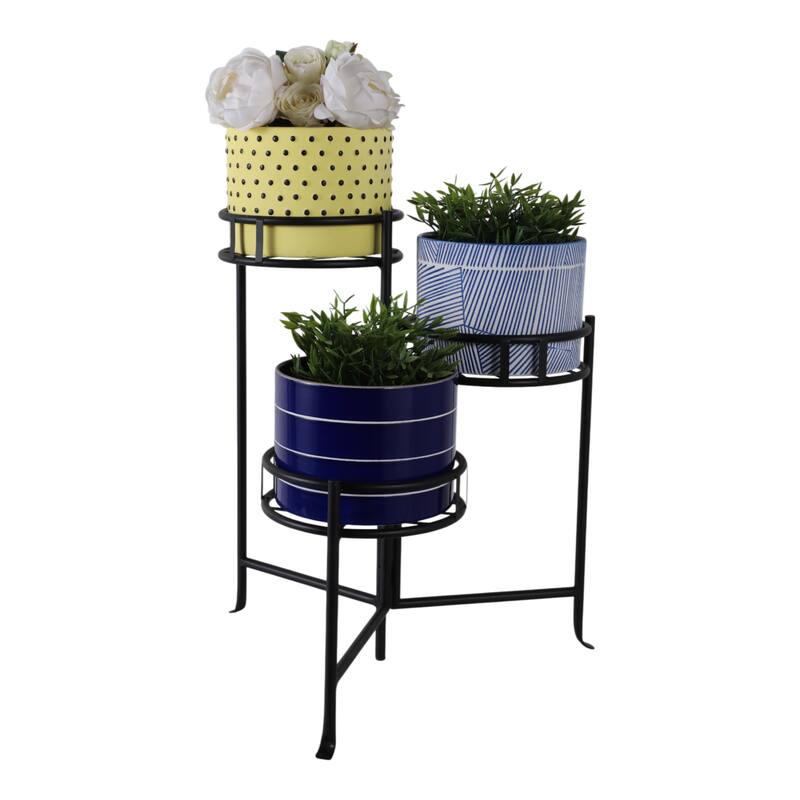 Metal Plant Stand 3-Tier Round Grid Design Powder-Coated - 22" Black - 10" x 10" x 22"