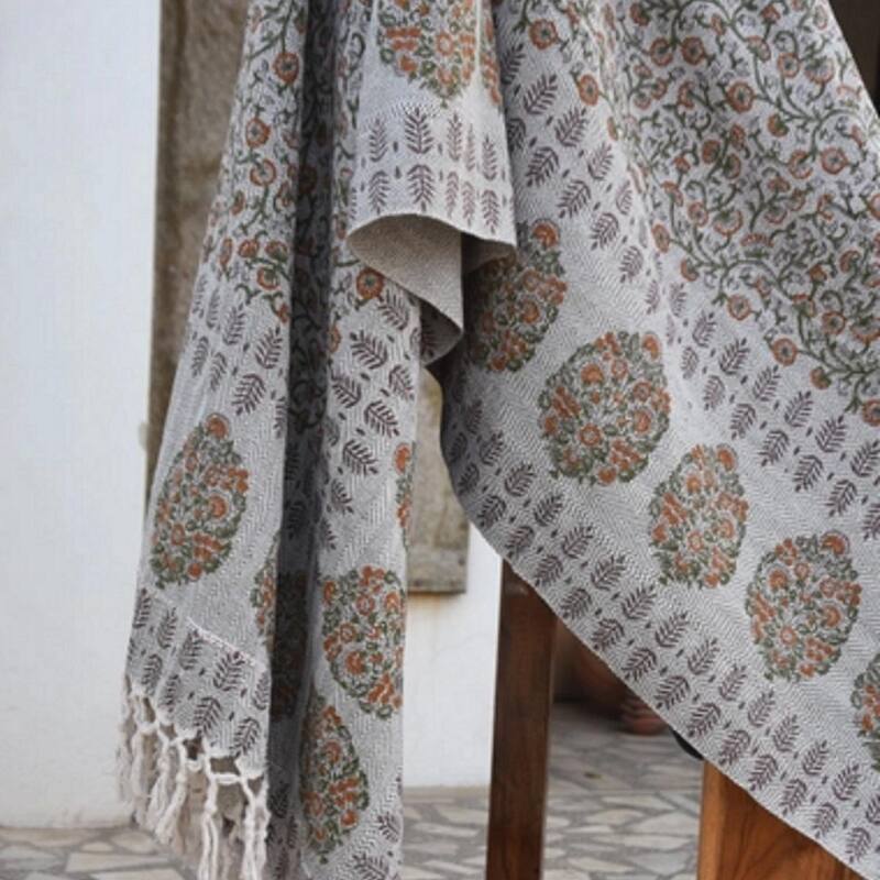 Fabdivine Himachal Handmade Cotton Throw Blanket - Floral Block Print Decorative Blanket for Home Decor with Fringe, 90"x54"