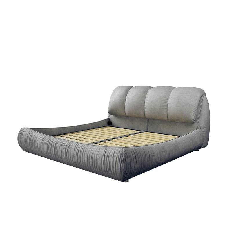 Queen/King Size Upholstered Platform Bed with Oversized Padded Backrest, Low Profile Bed Frame Floor Bed with Thickening Slats