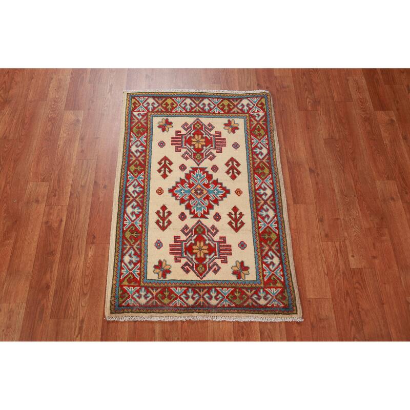 Geometric Kazak Oriental Rug Handmade Beige Wool Carpet - 2'0"x 3'0"