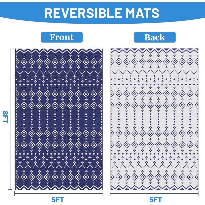 8' x 10' Reversible Outdoor Rug – Waterproof Plastic Straw Mat Blue