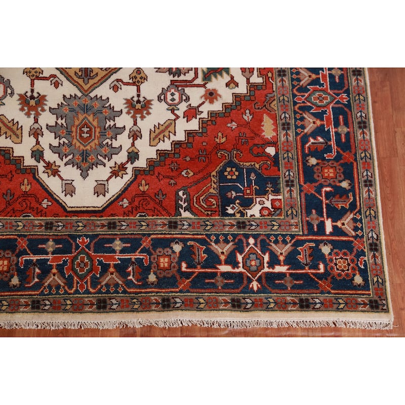 Hand Knotted Oriental 100% Wool Carpet Traditional Medallion Beige & Ivories Heriz (serapi) Area Rug - 11' 10'' X 8' 10''