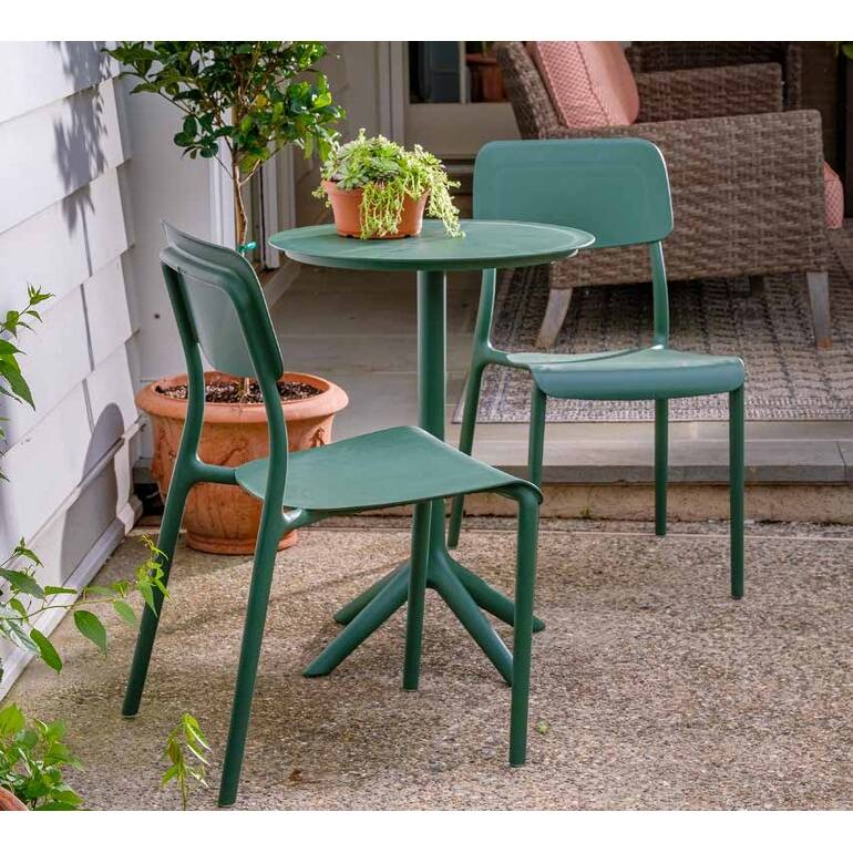 Rimo 3-Piece Contract Grade Outdoor Bistro Set with 2 stackable lounge chairs and 22.5" Dining Table.