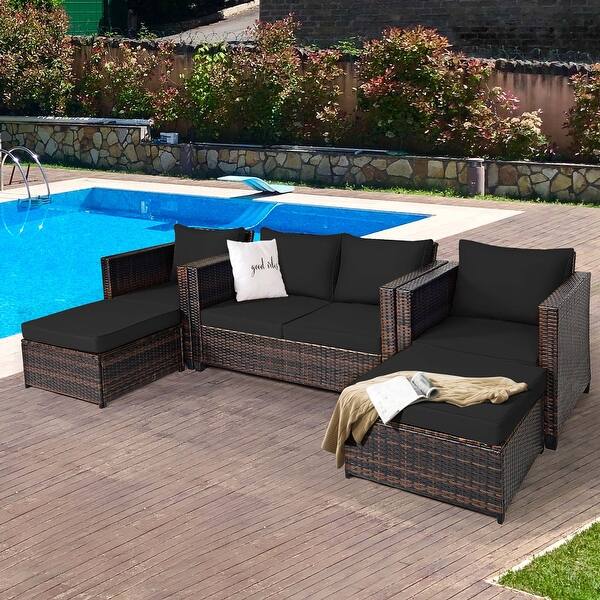 slide 1 of 9, Gymax 5PCS Outdoor Patio Rattan Conversation Sofa Furniture Set w/ - See Details Black - 4 Piece