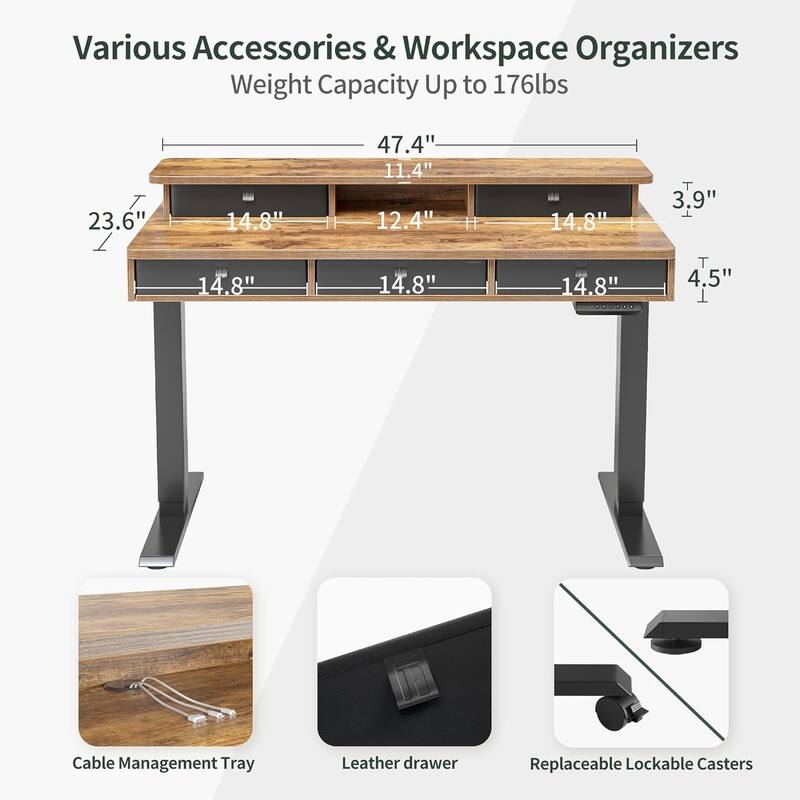 FEZIBO Height Adjustable Electric Standing Desk with 5 Drawers, Table with Storage Shelf, Sit Stand Desk