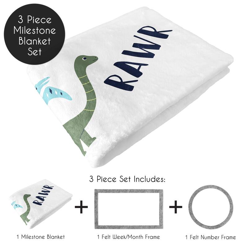 Mod Dino Collection Boy Baby Monthly Milestone Blanket - Blue, Green and Grey Modern Dinosaur Rawr