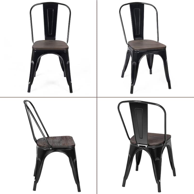 Set of 4 Stackable Metal Dining Chairs with 18-Inch Wood Seats - 17" x 21" x 33" (L x W x H)