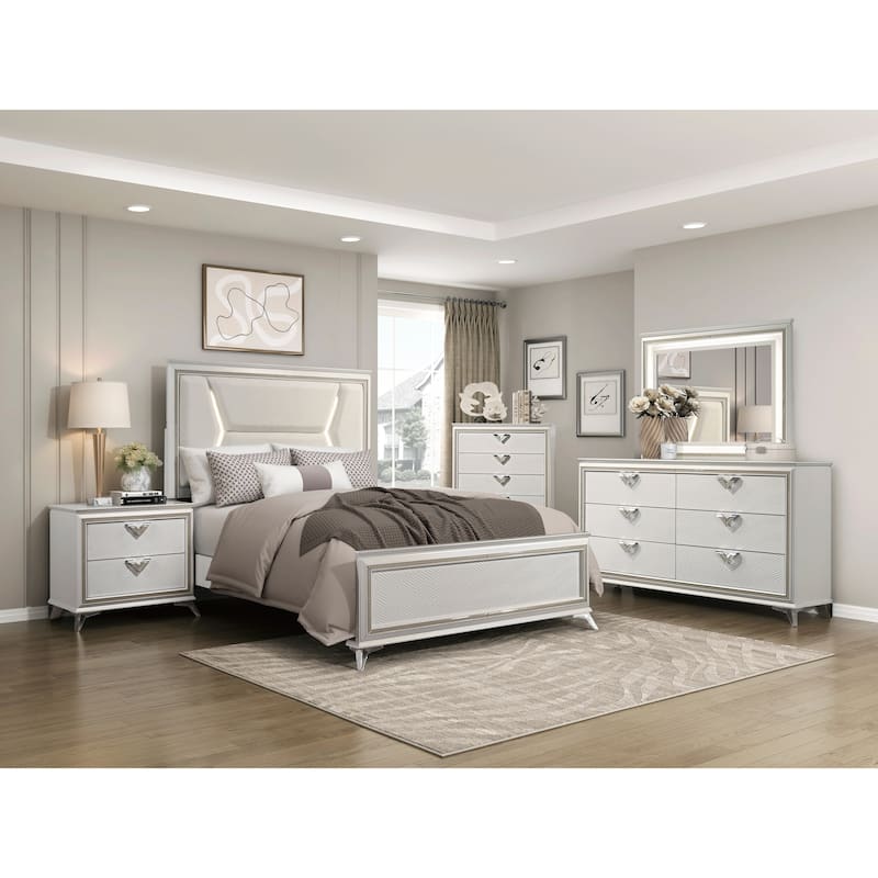 1pc Modern Luxury Queen Bed Upholstered Headboard with LED Lighting Wooden Bedroom Furniture Antique White Finish and Gold