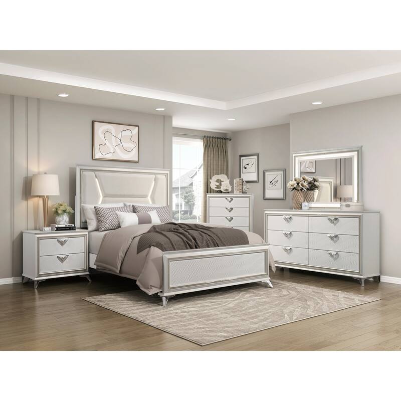 Modern Queen Bed with LED Upholstered Headboard, White and Gold Finish