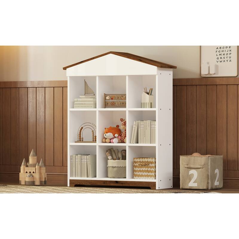 House shaped Storage Rack with Nine Storage Compartments,Three layer Bookshelf with Colorblock Design