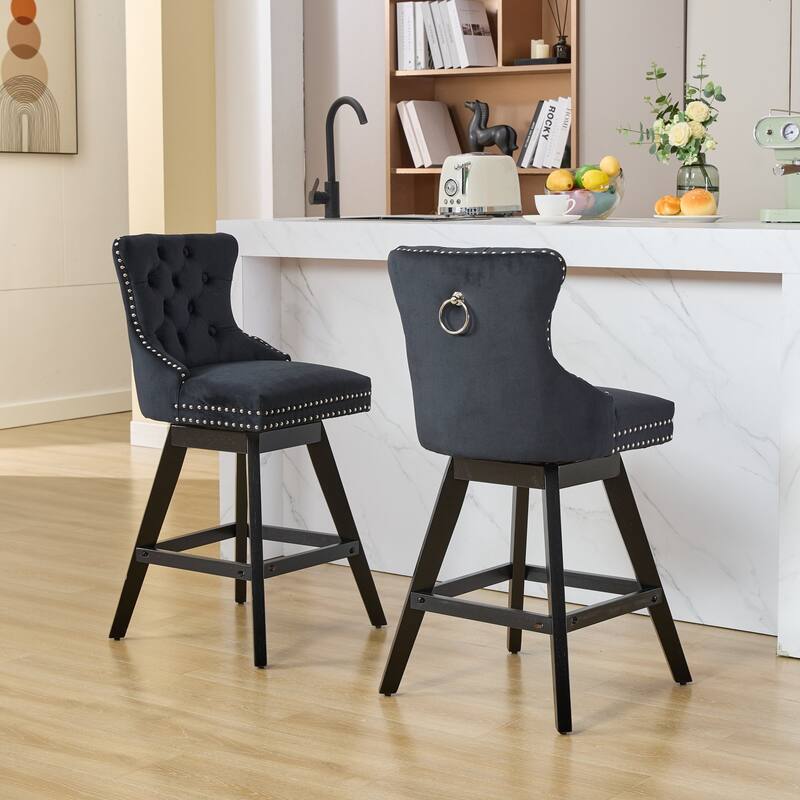 Swivel Bar Stools Set of 2, Velvet Counter Height Barstools with Wooden Legs, Kitchen Island Chairs with Button Backrest