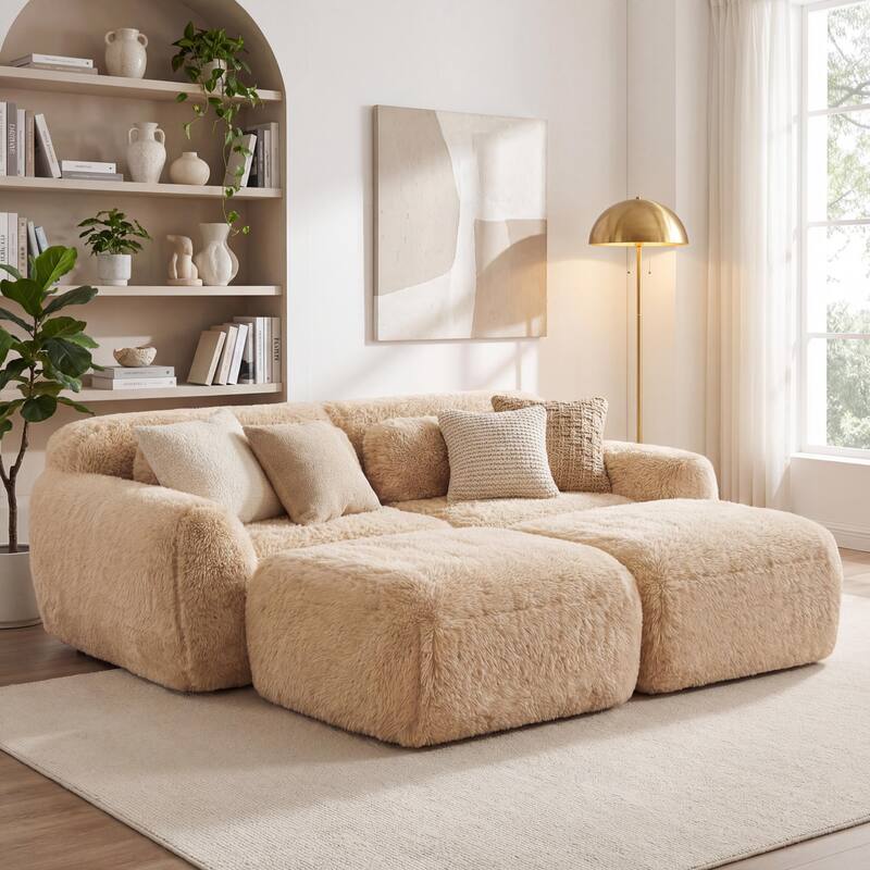 Homy Casa Light Khaki Modular Sectional Sofa, Soft Plush Fabric Cloud Couch with Anti-Slip Base & Decorative Pillows