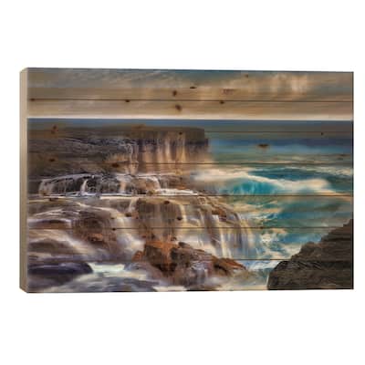 Ocean Wave Waterfall Print On Wood by Dennis Frates - Multi-Color