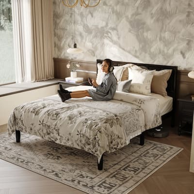 Modern Rubber Wood Solid Wood Bed Frame with Upholstered Headboard - Queen Size