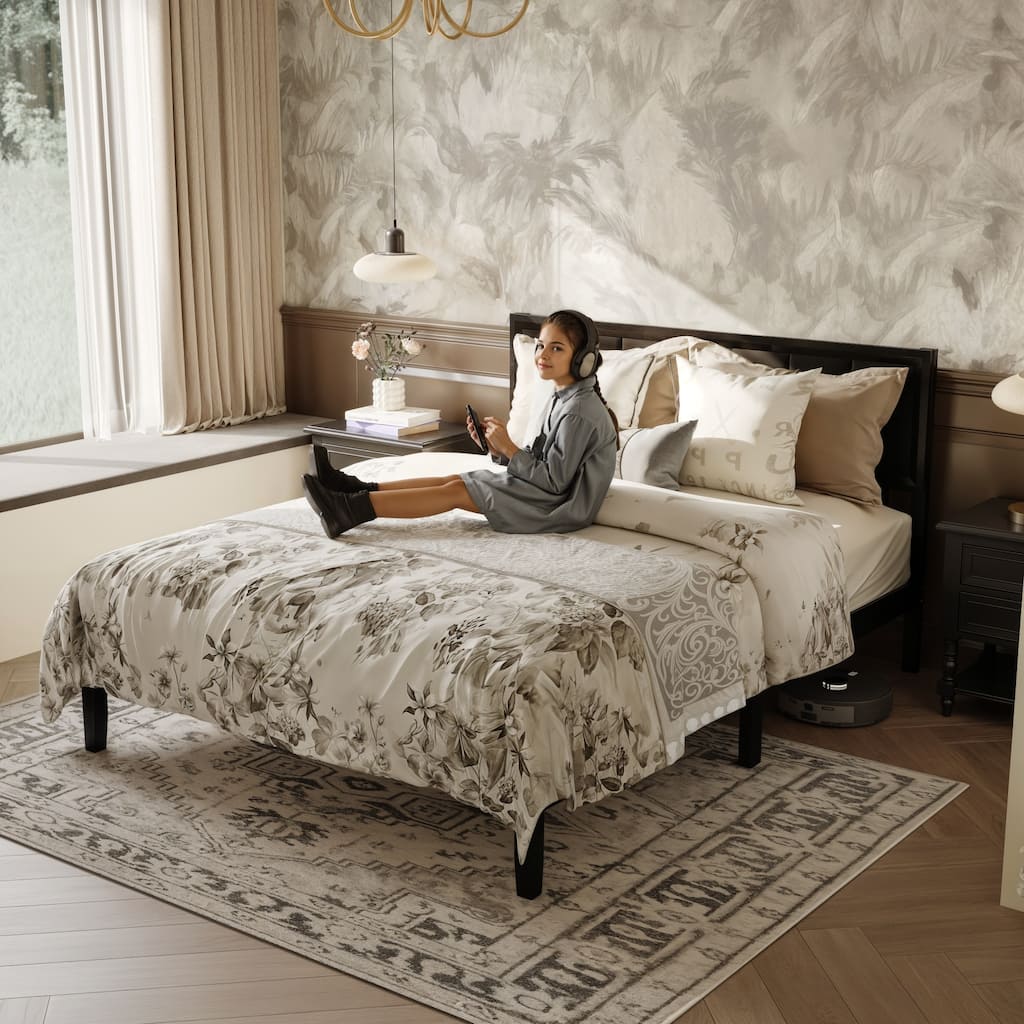 Modern Rubber Wood Solid Wood Bed Frame with Upholstered Headboard - Queen Size