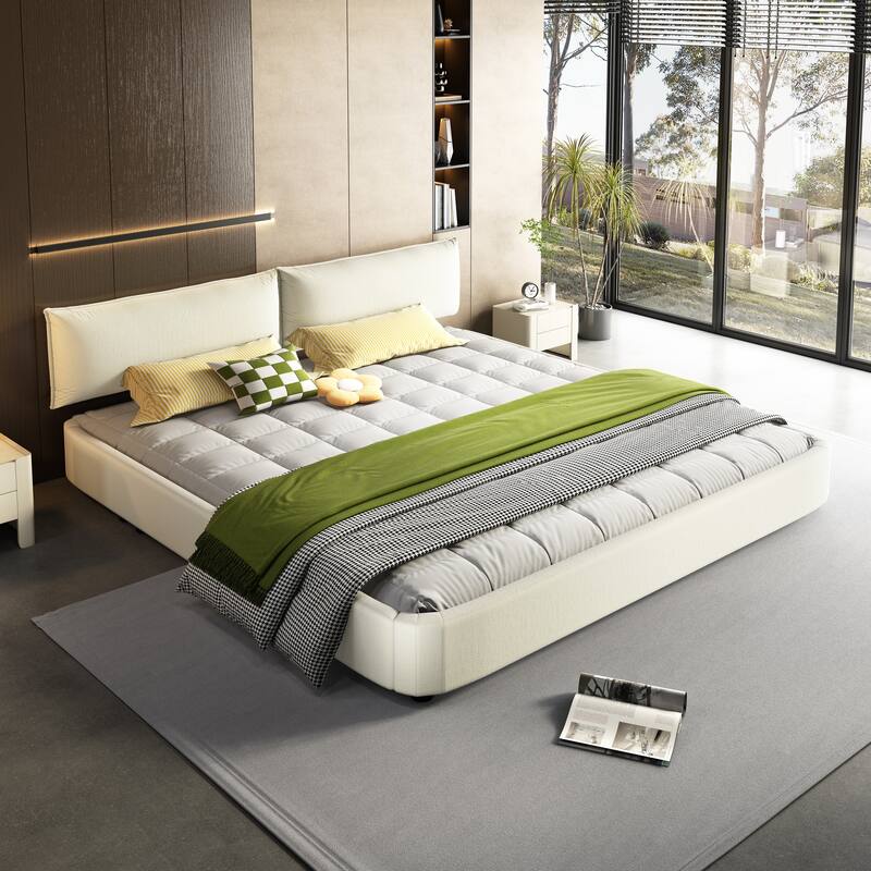 King Size Chenille Cloud Bed Frame with Round Corner Upholstered Bed No Box Spring Needed, White