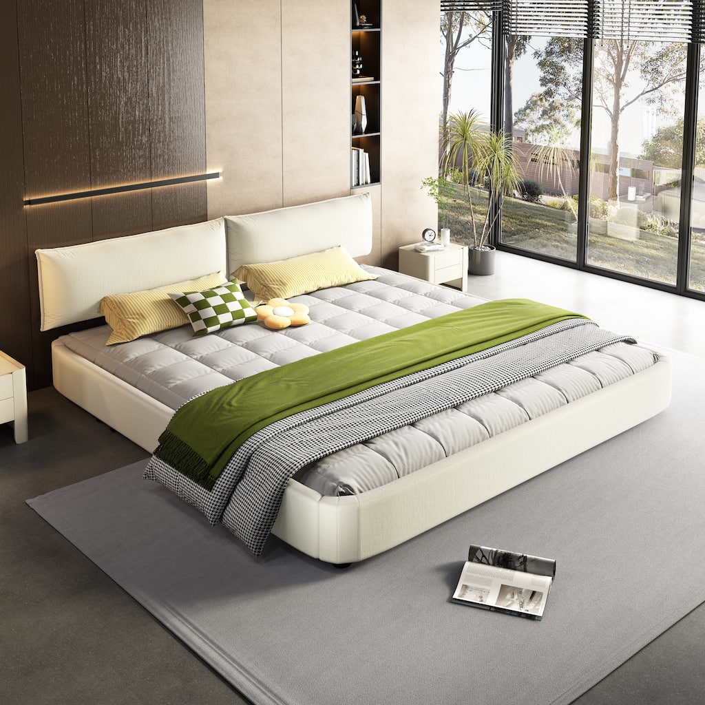 King Size Chenille Cloud Bed Frame with Round Corner Upholstered Bed No Box Spring Needed, White