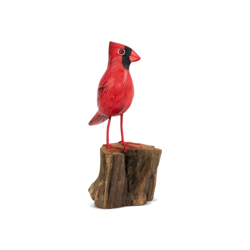 Wood Cardinal Bird Figurine - Hand Carved Red Songbird Sculpture, Rustic Wildlife Decor - 7.5" tall x 3.5" wide x 3" deep