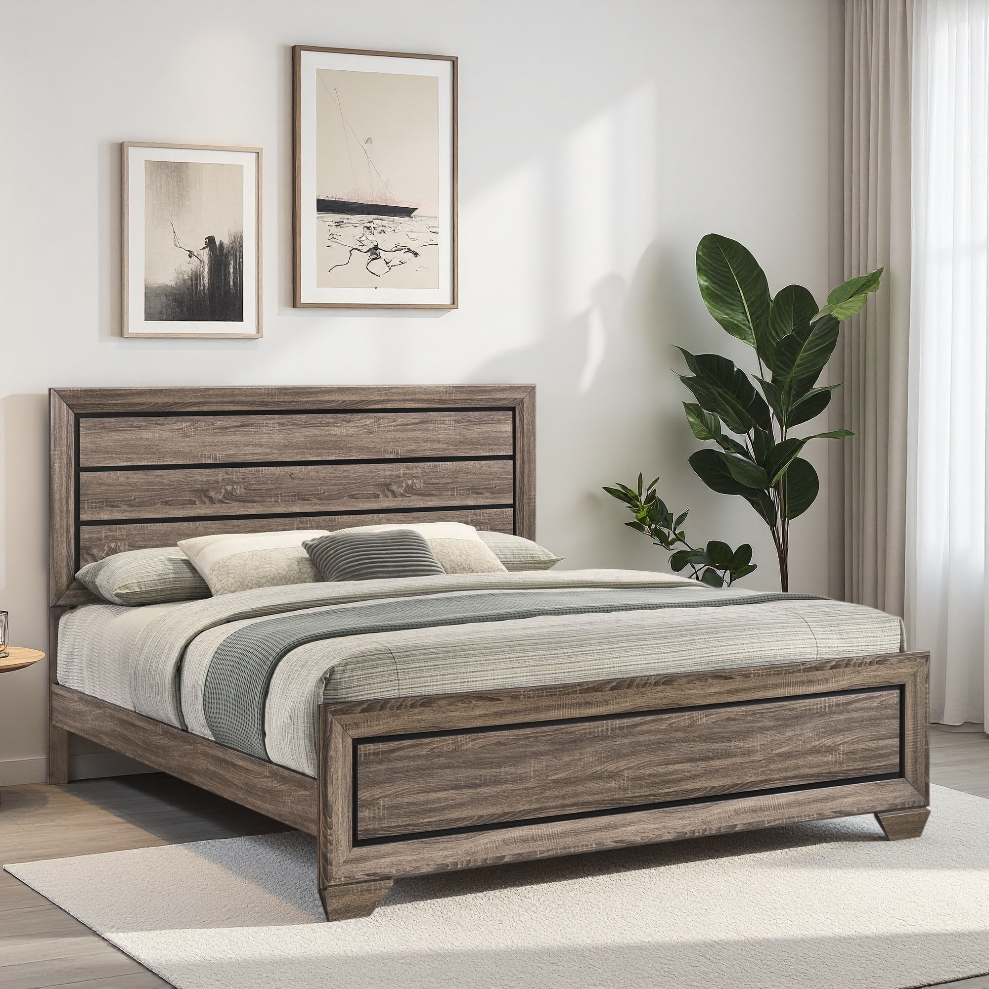 Eastern King Wood Panel Bed with Slatted Headboard and Footboard