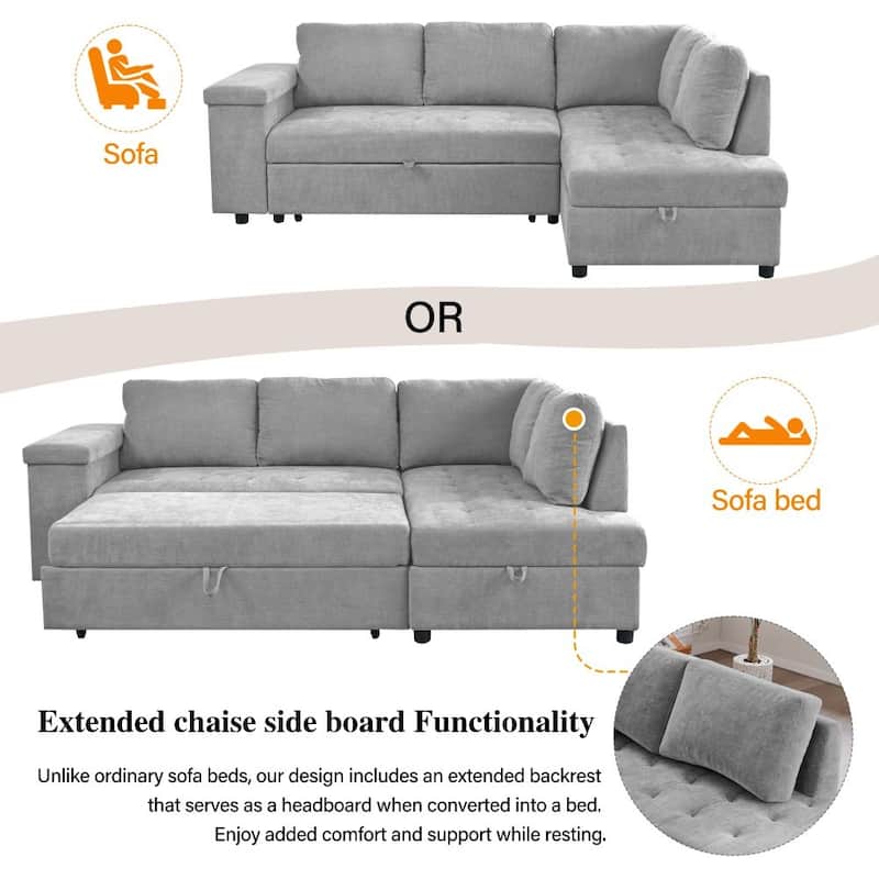91.5'' L-shaped Sectional Sofa Sleeper Sofa Couch with Pull Out Bed with Hidden Storage