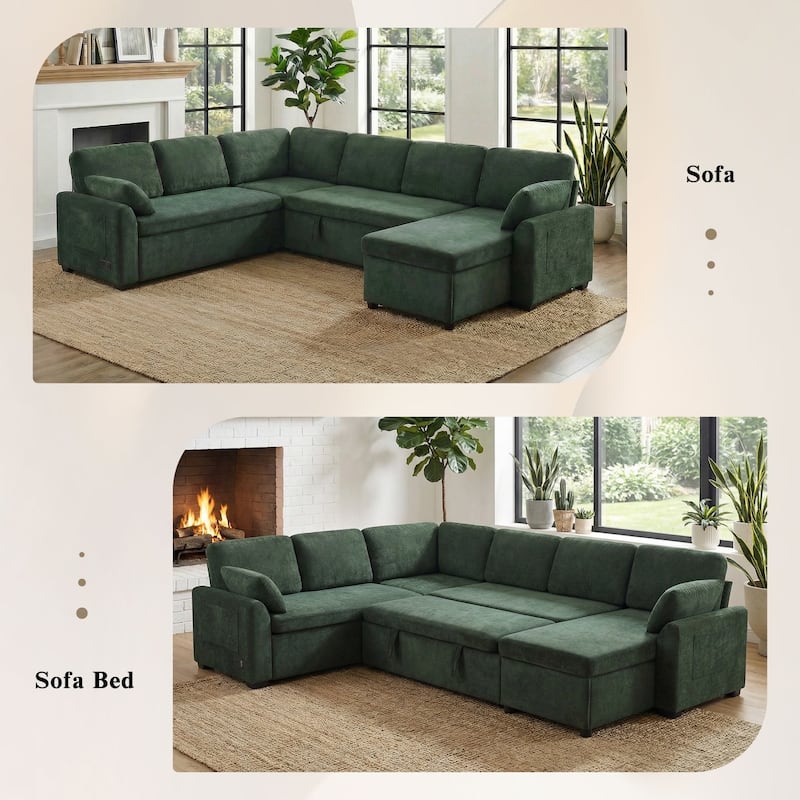111.2" U-shaped Sofa with Reversible Chaise and Convertible Sofa Bed