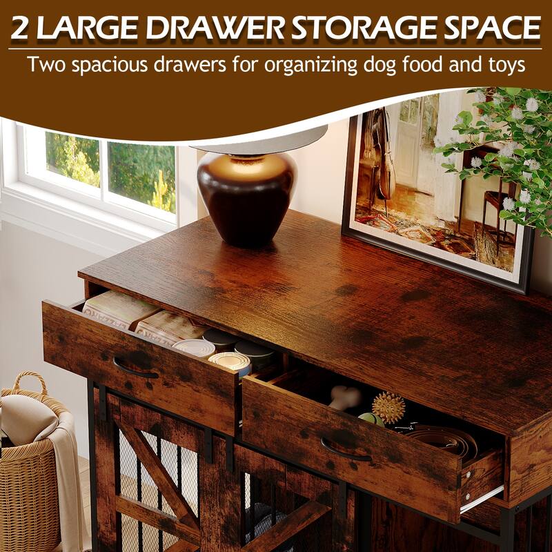 Double Dog Crate Furniture w/Drawers for Small Dogs, Rustic Farmhouse Dog Kennel End Table, Sliding Barn Doors - 47.2"W