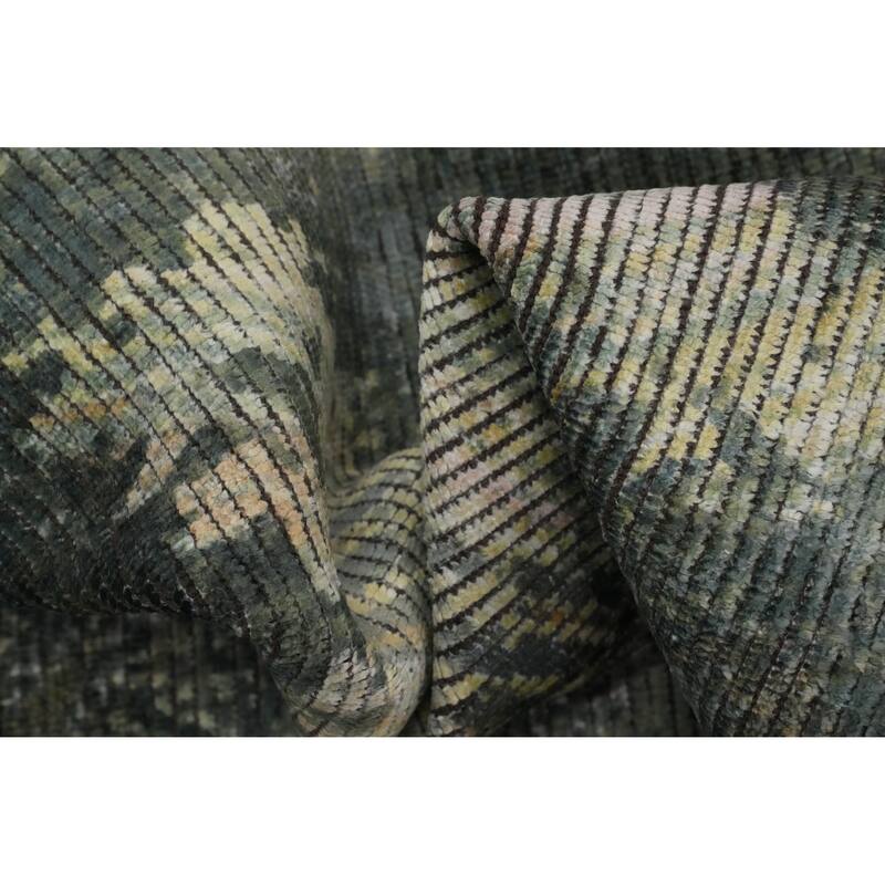 Hand Knotted Oriental Viscose Silk Carpet Modern All-Over Green Abstract Area Rug - 7' 9'' X 5' 6''