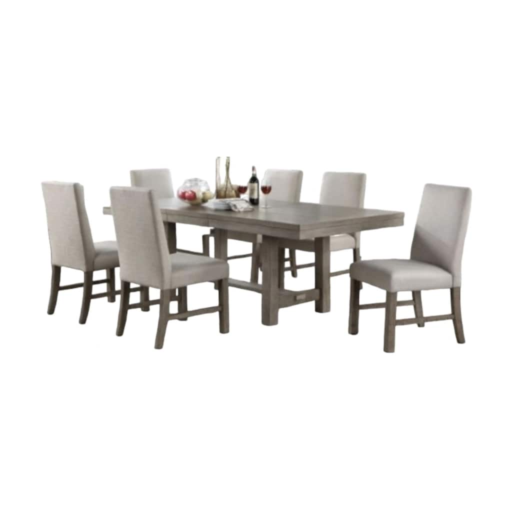 Genu 7pc Dining Table and Chair Set, 66-84 Extendable Top, Gray Fabric
