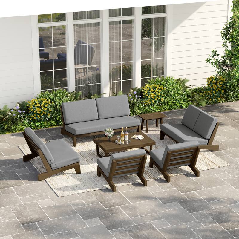 Casual Teak Wood Large 7-Piece Outdoor Patio Conversation Set