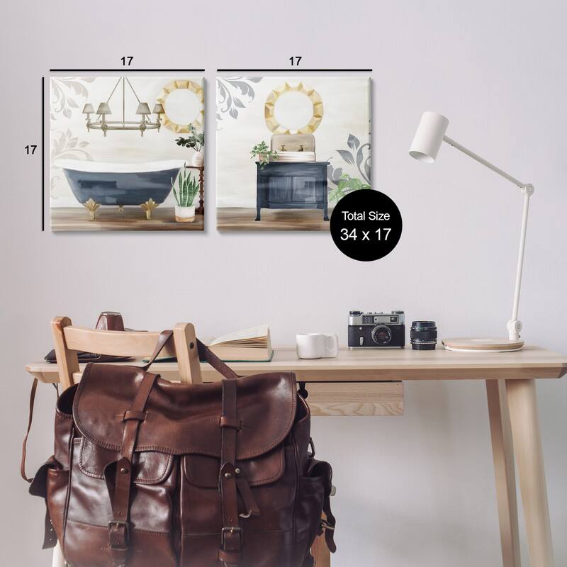 Stupell Chic Bathroom Interior Still Life Bathtub Sink Plants 2pc Multi Piece Canvas Wall Art Set - Blue