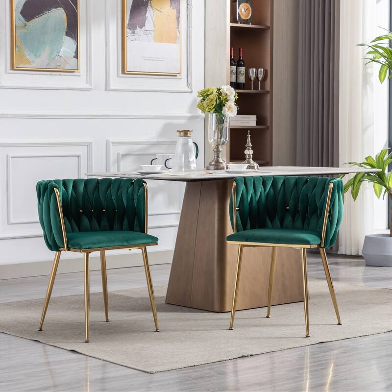 Velvet Fabric Dining Chairs Set of 2, Ergonomic Upholstered Lounge Chair, Accent Chairs with Woven Back & Metal Legs - Green