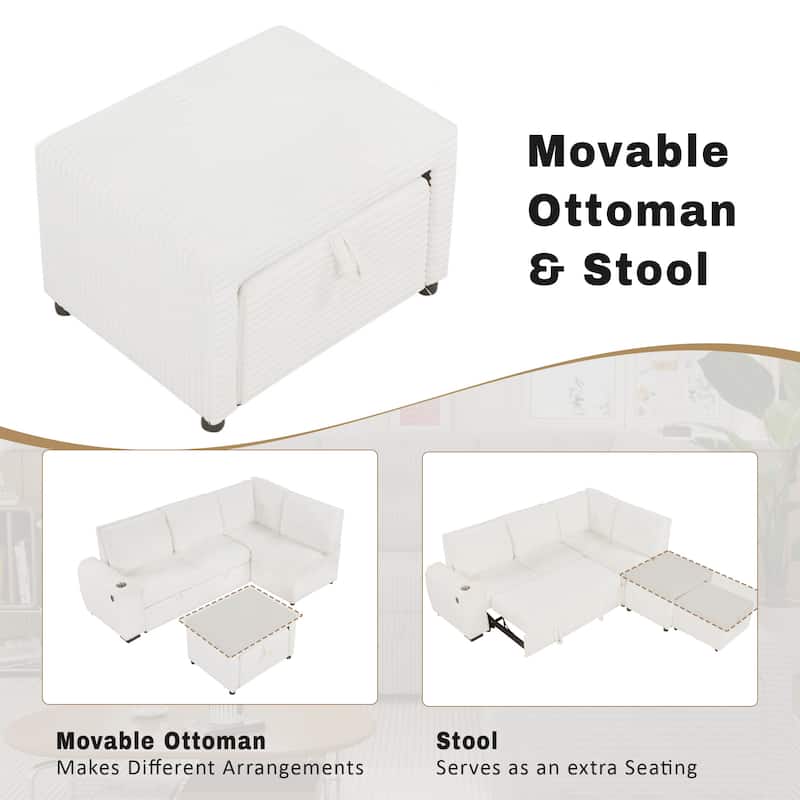 94" Pull-Out L-Shaped Sectional Sofa with Movable Ottoman,Stool,Cup Holder and Two USB Ports