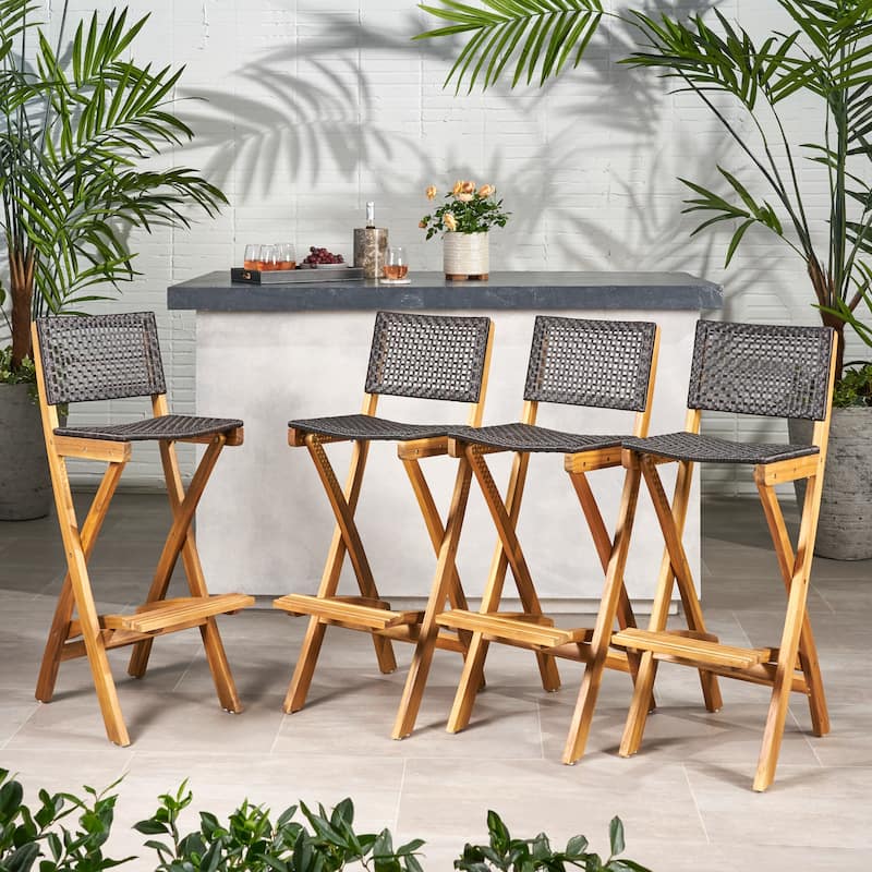 Polaris Acacia Wood Outdoor Folding Barstools (Set of 4) by Christopher Knight Home - Teak Finish + Brown
