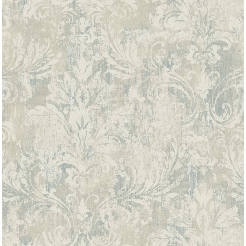 Seabrook Designs Renata Distressed Damask Unpasted Wallpaper - 20.5 in. W x 33 ft. L - Metallic Grey & Blue