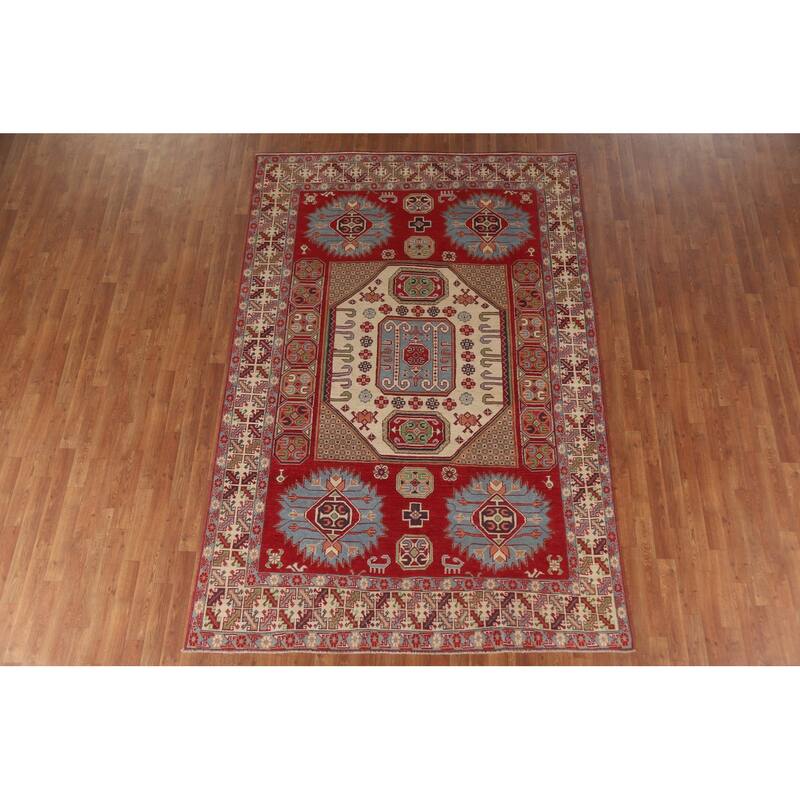 Hand Knotted Oriental 100% Wool Carpet Traditional Geometric Red Kazak Area Rug - 9' 7'' X 6' 4''