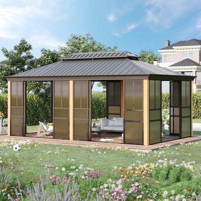 Outdoor Solarium Sunroom,Patio Hardtop Gazebo,All-Season Aluminum Patio Gazebo with with Sliding Doors and Screens