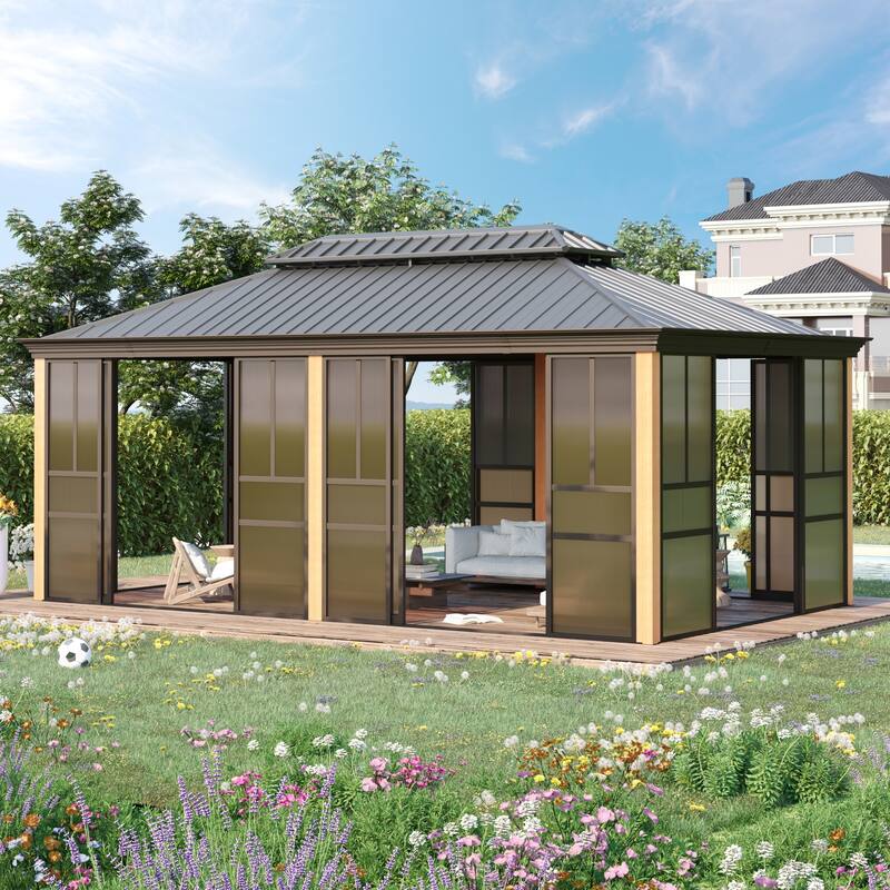 Outdoor Hardtop Sunroom Gazebo with Double Roof & Sliding Doors, All-Season Aluminum Outdoor Pergola, PE Screens&Lockable Design